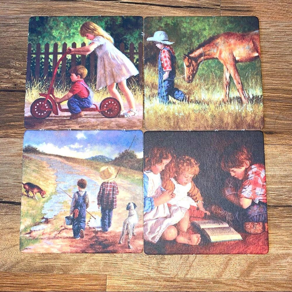 Vintage 4pc Coaster Set Farm Children Horses